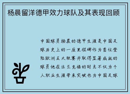 杨晨留洋德甲效力球队及其表现回顾